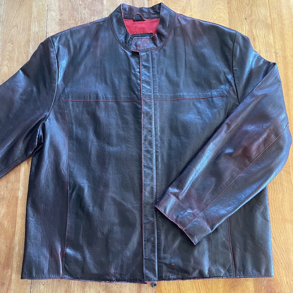 R&O Brand Black Leather Red Trim Moto Motorcycle Jacket
